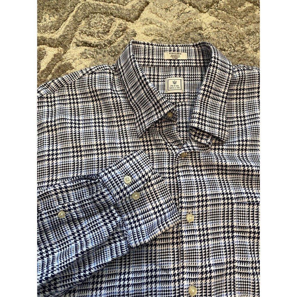 Peter Millar Houndstooth Blue White Button Down Dress Shirt 100% Cotton XL
